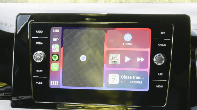 Close-up of the 2025 VW Jetta GLI's touchscreen display, showcasing the available Wireless Apple CarPlay® and Android Auto™ features.