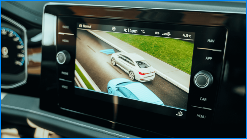 Rear View Camera shown on the 2026 Volkswagen Jetta touchscreen with nearby car detection