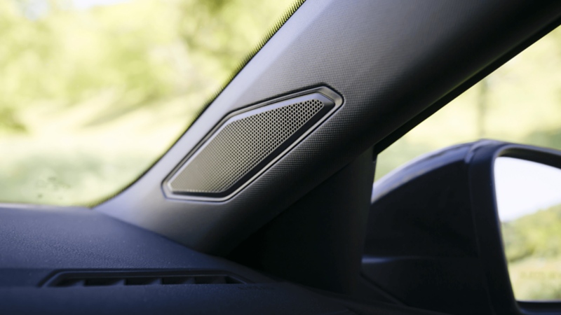 Close-up of the 2026 Volkswagen Jetta front pillar with VW Premium Audio speaker 