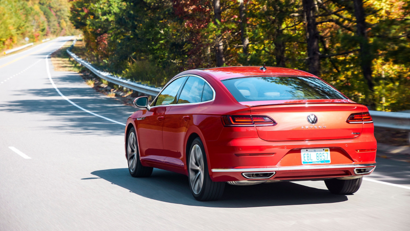 The 2021 Volkswagen Arteon driving down a roadway. 