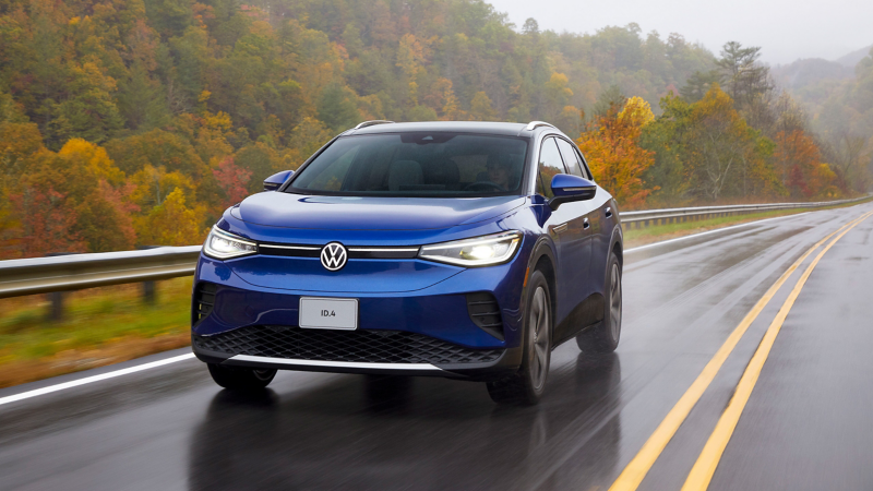 The 2021 Volkswagen ID.4 EV driving down a roadway. 