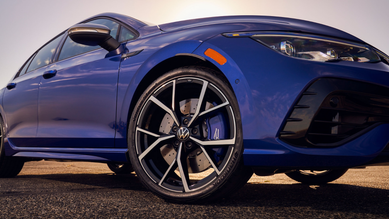 2022 Volkswagen Golf R close up of tire and lower body