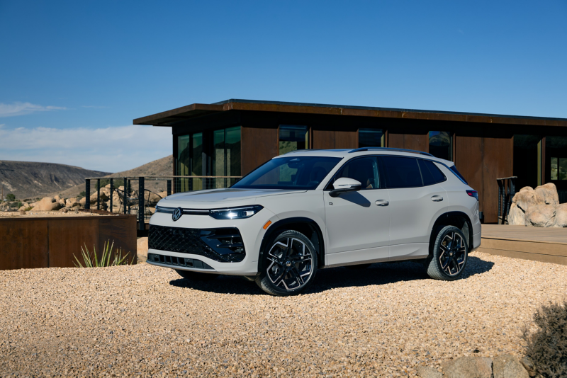 Profile view of 2025 Volkswagen Tiguan SEL Premium R-Line shown in Sandstone