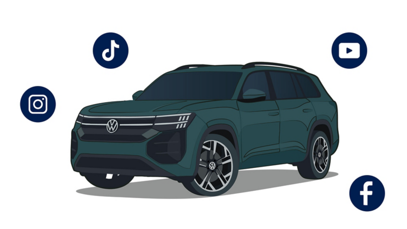 An illustration of an Atlas shown in Sacramento Green Metallic with social media brand icons around the vehicle. 