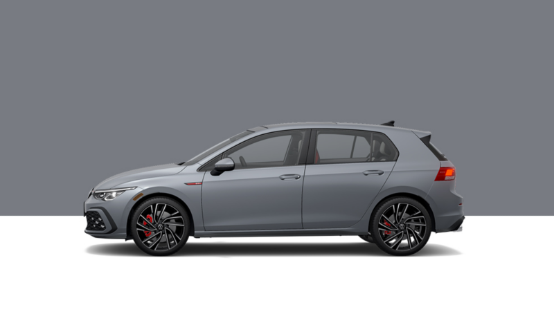 Driver’s side profile view of a Moonstone Gray Golf GTI.