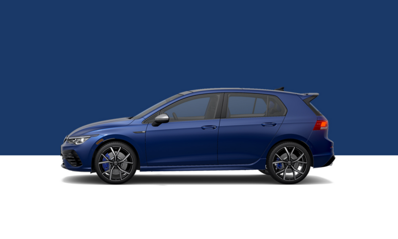 Driver’s side profile view of a Lapiz Blue Golf R.