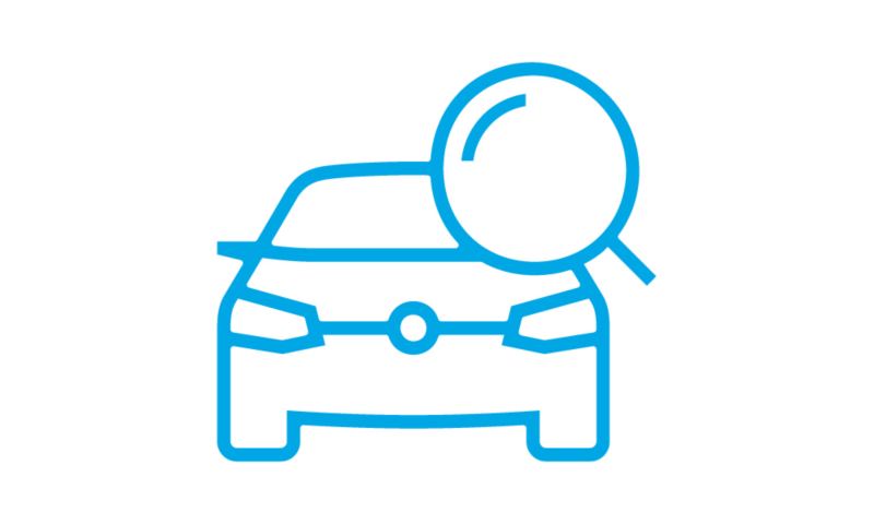 Graphic of an outline in blue of the head on view of a car with a magnifying glass in the upper right corner.
