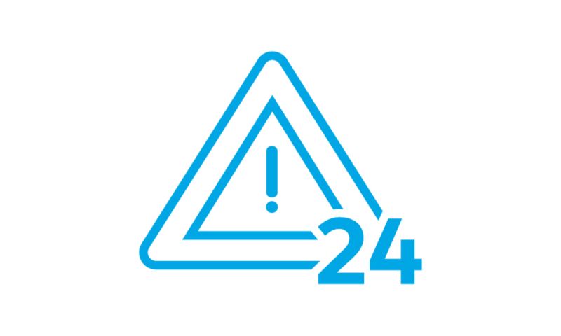 Graphic in blue of a hazard symbol with the number 24 in the lower right corner.