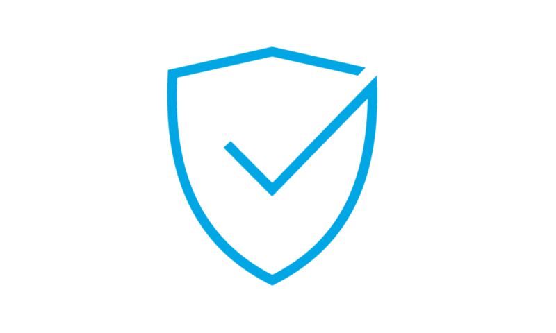 Graphic of an outline in blue of a shield with a check in the middle.