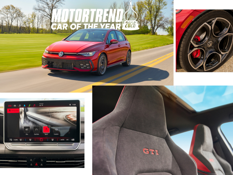 A collage of images showing interior and exterior details of a Golf GTI in Kings Red Metallic.