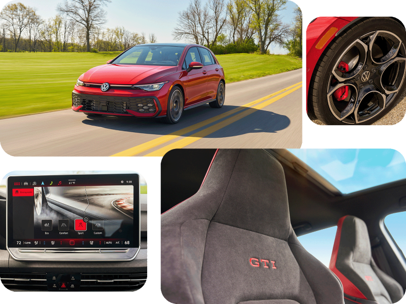 Un collage de imágenes que muestran detalles interiores y exteriores de un Golf GTI en Kings Red Metallic.