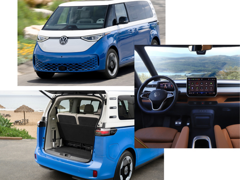 A collage of images showing an ID. Buzz in Cabana Blue Metallic and Candy White with one image from a front angle with the ID. Buzz driving, one image showing the ID. Buzz parked at a beach with the liftgate open and one interior image of the steering wheel and dashboard with the ocean visible though the windshield. 