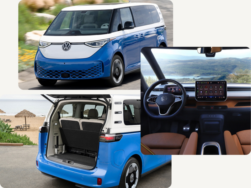 A collage of images showing an ID. Buzz in Cabana Blue Metallic and Candy White with one image from a front angle with the ID. Buzz driving, one image showing the ID. Buzz parked at a beach with the liftgate open and one interior image of the steering wheel and dashboard with the ocean visible though the windshield. 