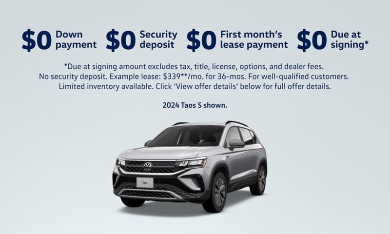  Front view of a Taos shown in Pyrite Silver Metallic parked on a gray gradient background with sales event details above.