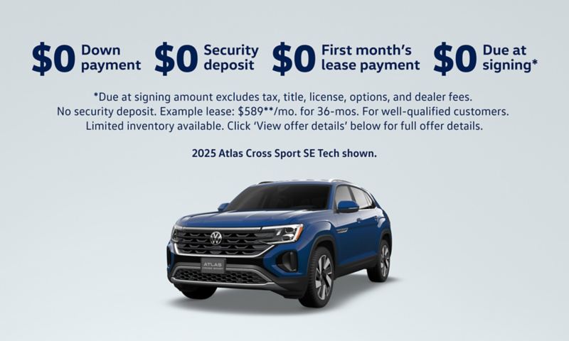 Front view of an Atlas Cross Sport shown in Mountain Lake Blue Metallic parked on a gray gradient background next to sales event details.