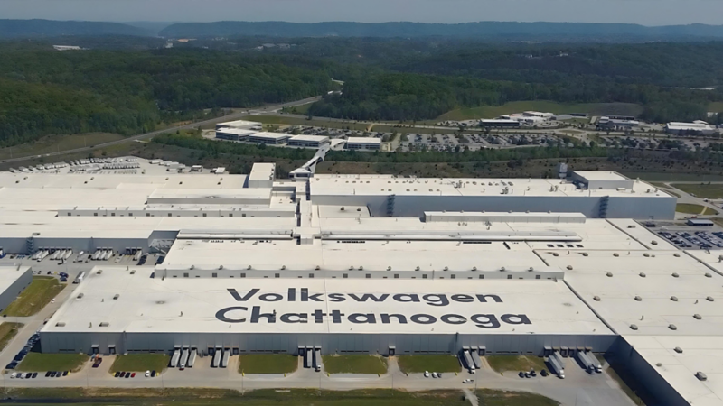 Aerial view of the Volkswagen Chattanooga factory taken from a drone, prominently featuring the expansive facility.