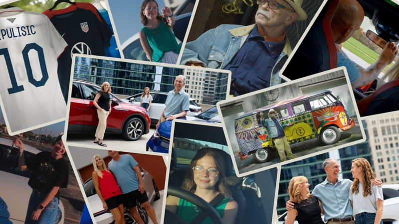 Photo collage showing people with Volkswagen cars and merchandise.