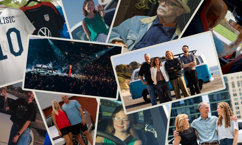 Photo collage showing people with Volkswagen cars and merchandise.
