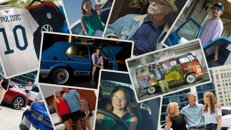 Photo collage showing people with Volkswagen cars and merchandise.