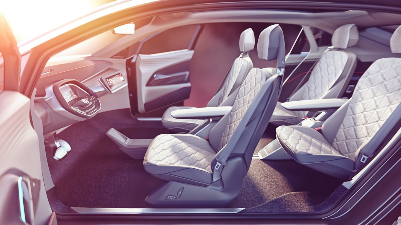 Graphic depicting the interior of a concept vehicle built on the Volkswagen MEB platform.