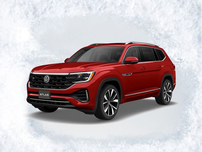 A front ¾ profile view of the Atlas shown in Aurora Red Metallic on a light gray textured background with text ‘Sign then Drive Sales Event’ above.