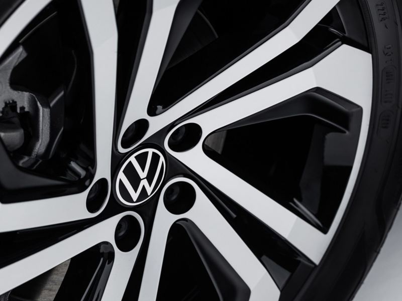 An angled Volkswagen GLI 18” twin 5-spoke machined alloy wheel. 