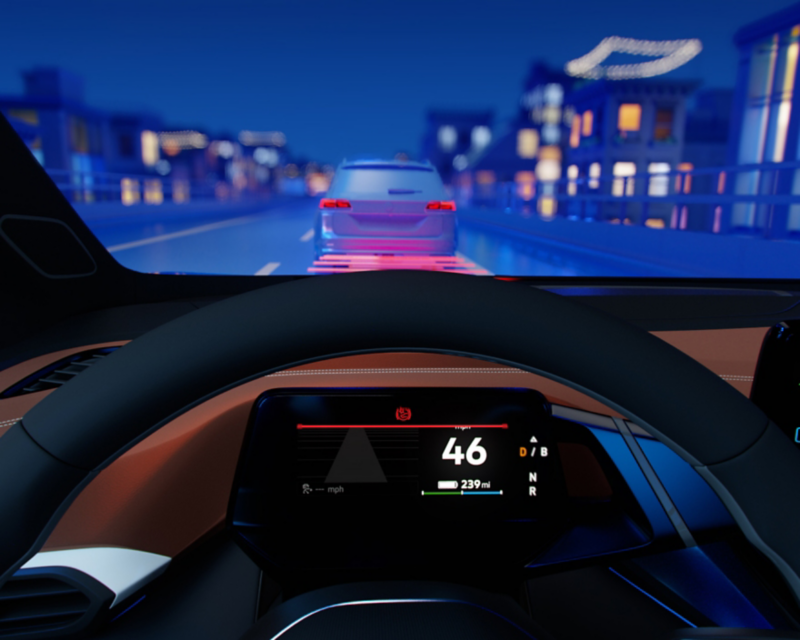 Vista CGI desde el asiento del conductor del vehículo VW que conduce en la autopista.