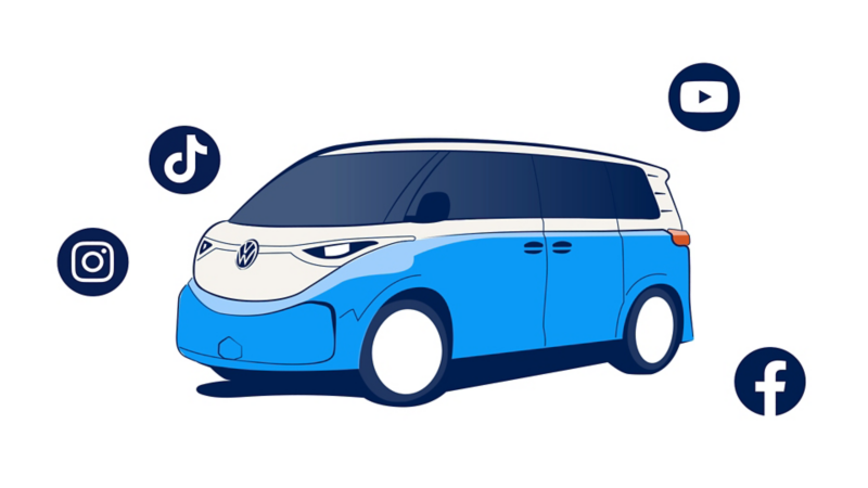 Una ilustración frontal de ¾ vista del ID.Buzz en Cabana Blue Metallic con iconos de redes sociales flotando a su alrededor.