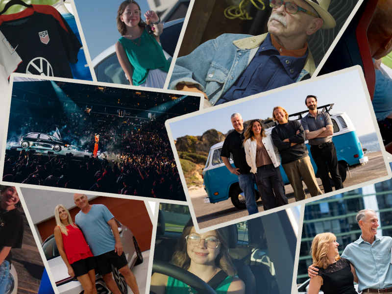 Collage de fotos que muestra a personas con autos y productos promocionales de Volkswagen.