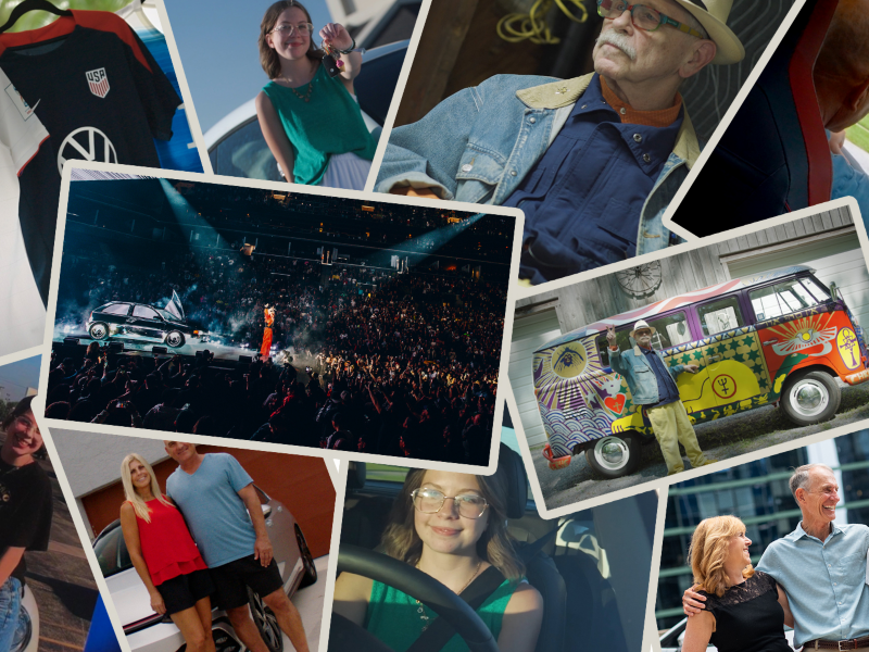 Photo collage showing people with Volkswagen cars and merchandise.