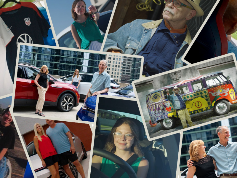 Photo collage showing people with Volkswagen cars and merchandise.
