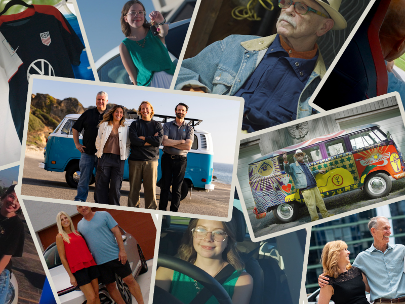 Collage de fotos que muestra a personas con autos y productos promocionales de Volkswagen.