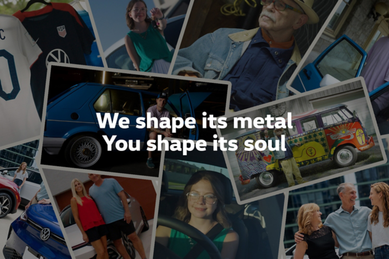 Photo collage showing people with Volkswagen cars and merchandise with the text We shape its metal You shape its soul overlayed on the collage.