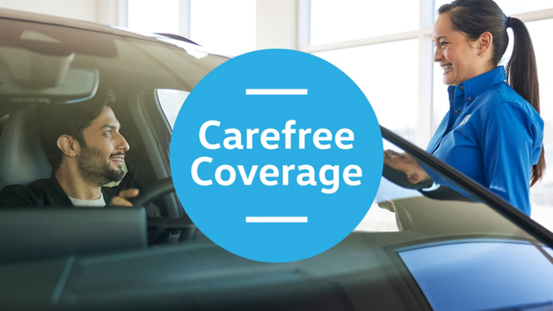 A blue circular logo depicts the Carefree Coverage program. With a woman and man in the background.