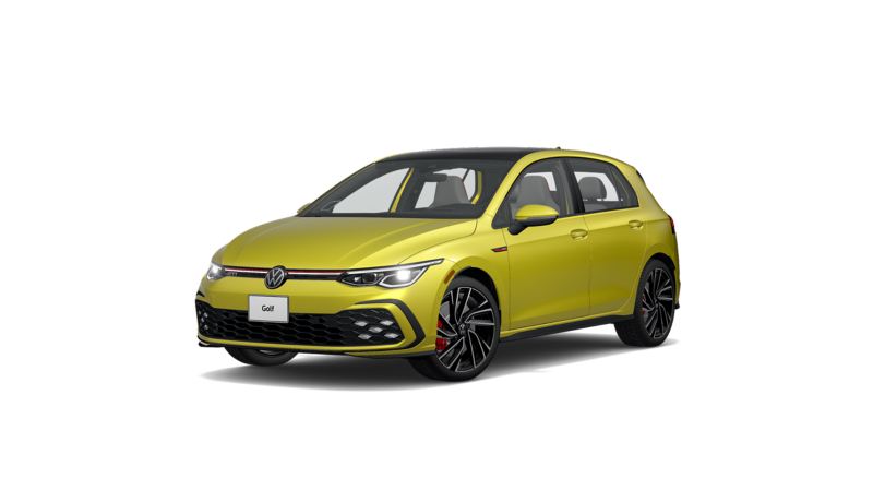 The 2022 Volkswagen Golf GTI Autobahn in Pomelo Yellow from a front three-quarter view. 