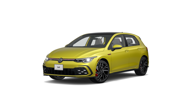 The 2022 Volkswagen Golf GTI Autobahn in Pomelo Yellow from a front three-quarter view. 