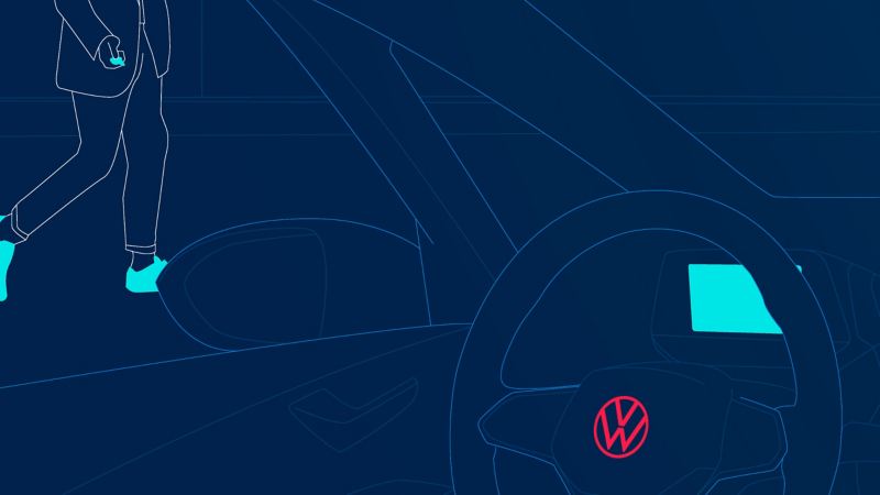 Gráfico que presenta el interior del Volkswagen ID.4 2021 con una silueta masculina en el fondo acercándose al automóvil. 