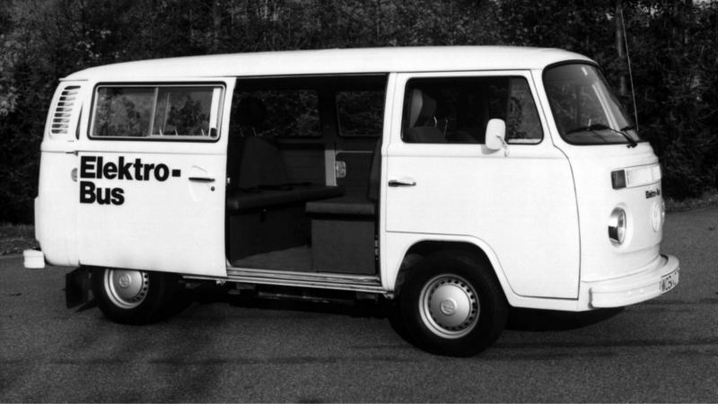 Side view of the 1972 Volkswagen Elektro-Bus with the door open.