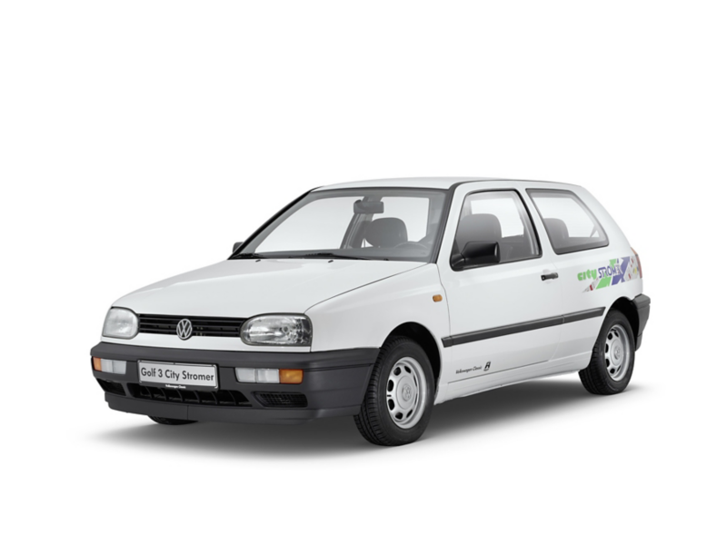 Vista frontal de ¾ del Volkswagen Golf Mark III CitySTROMer 1993.