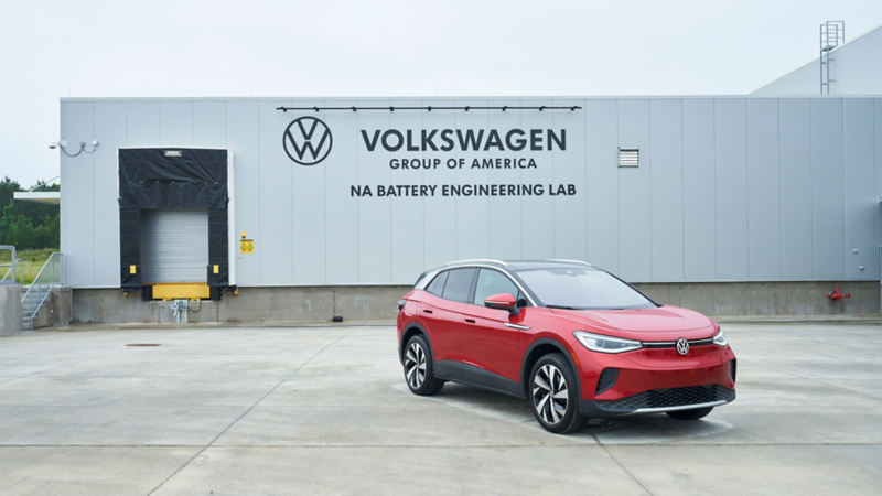 Volkswagen ID.4 EV sits in front of the Battery Engineering Lab