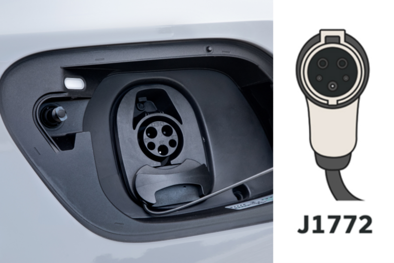 EV charging port and J1772 connector used for Level 1 and Level 2 charging.