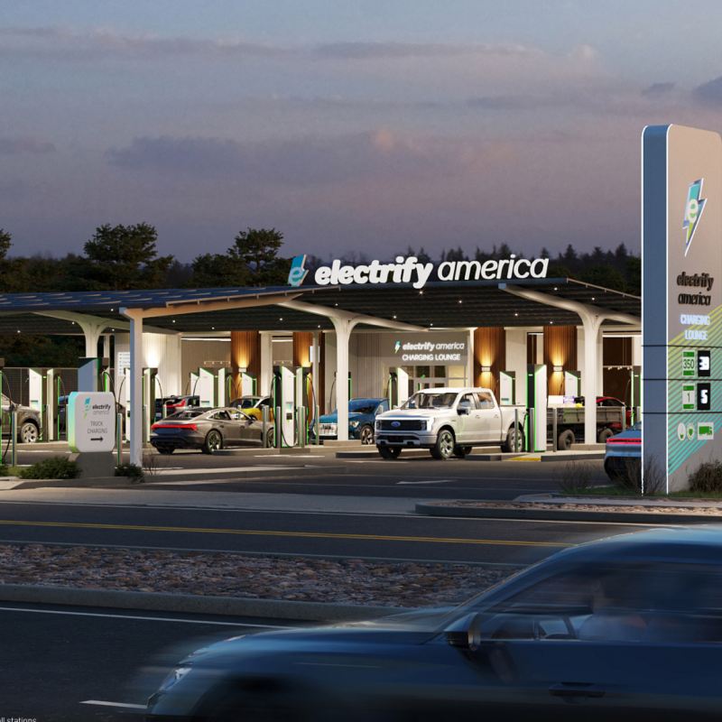 Photo illustration: an Electrify America charging station.