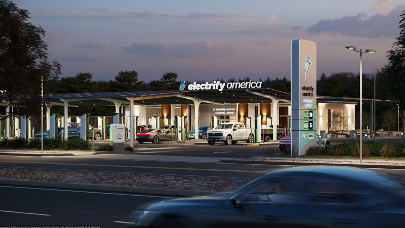 Photo illustration: an Electrify America charging station.