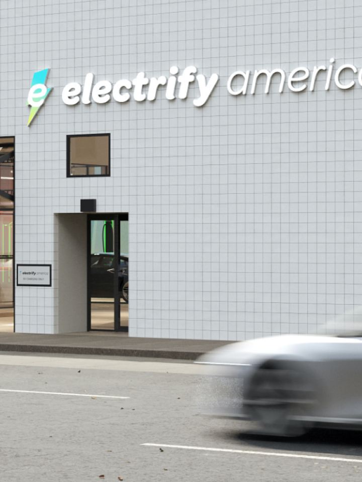 Photo illustration: exterior of an Electrify America charging station.