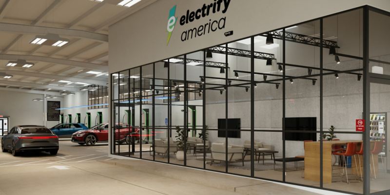 Photo illustration: exterior of a customer lounge at an Electrify America charging station.