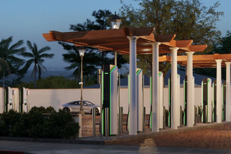 Photo illustration: charging units at an Electrify America charging station.
