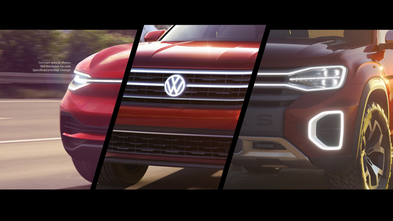 Representación por computadora de la progresión del concepto de la familia Volkswagen Atlas, desde el concepto Cross Blue hasta los conceptos Atlas Cross Sport y Atlas Tanoak.