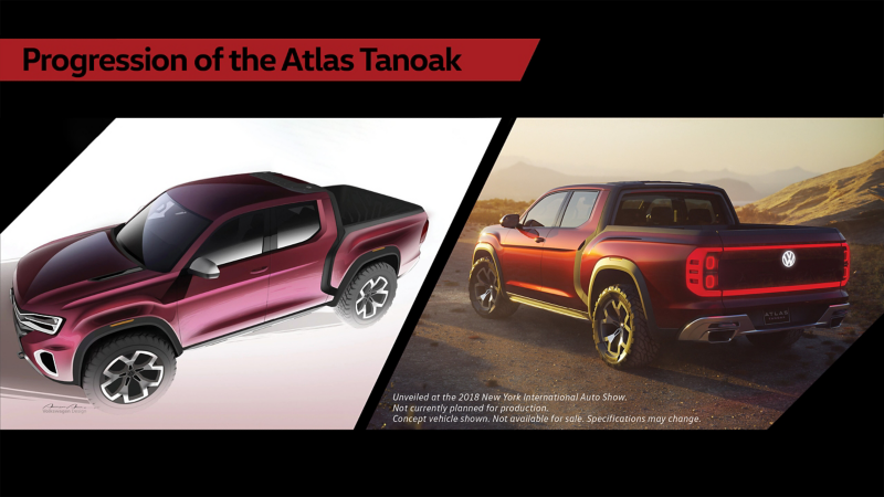 Imagen de frente, tres cuartos del Atlas Tanoak de Volkswagen junto a la representación computarizada de la vista trasera de tres cuartos.