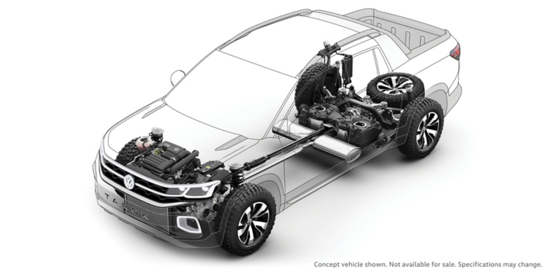 Product shot of Volkswagen Tarok concept in a studio, rear 3/4 view from above. 