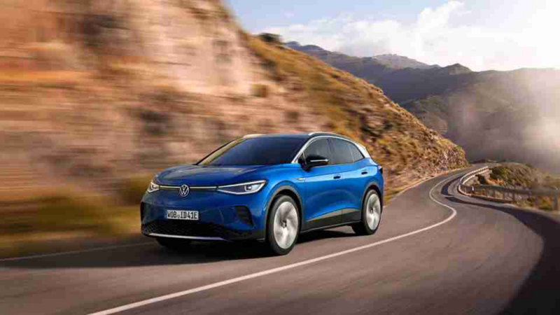 Image shows the 2021 Volkswagen ID.4 in motion from front three-quarter view. 